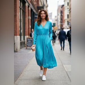 Topshop Teal V-Neck Long-Sleeve Midi Dress